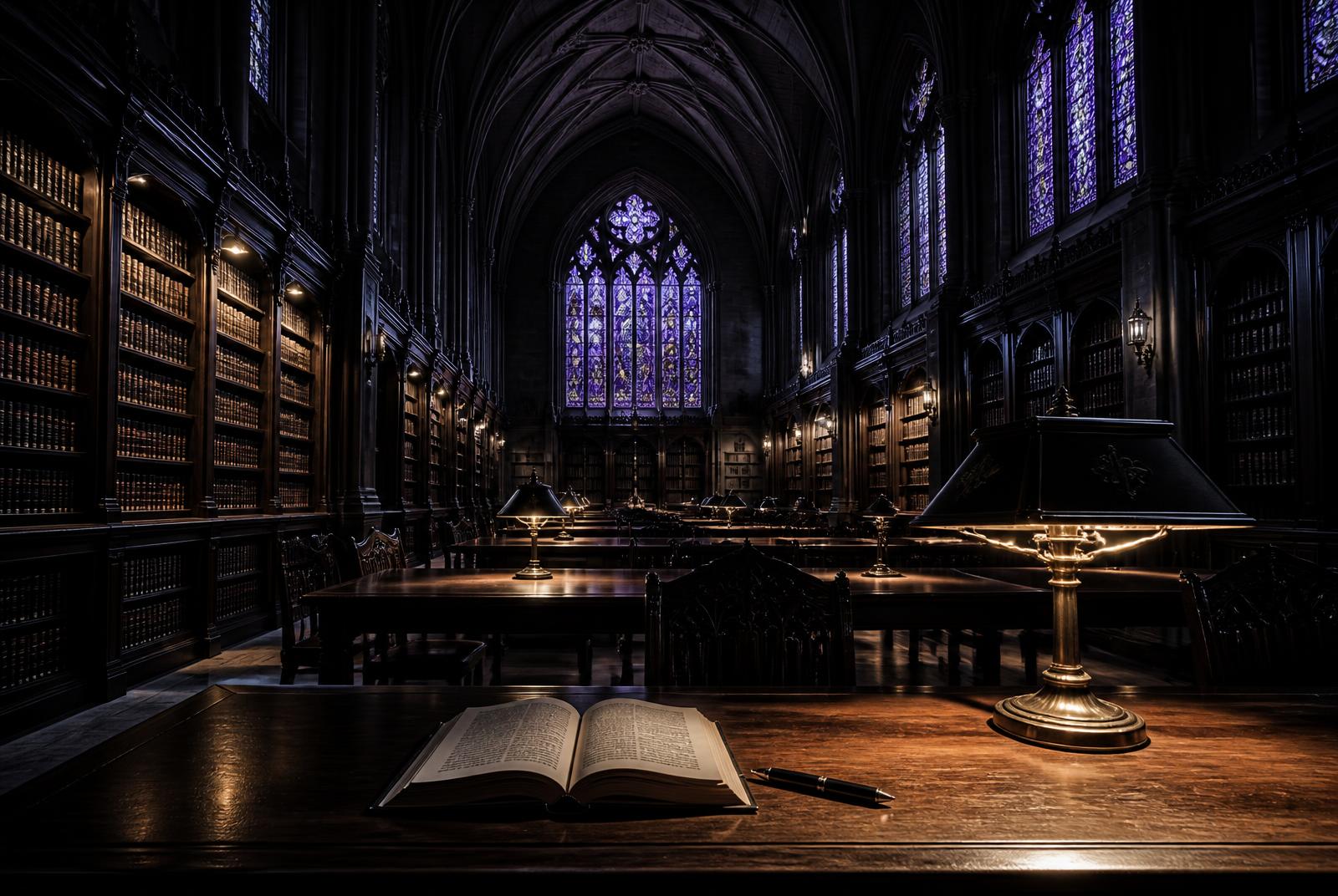 Shelves of leather-bound volumes lit by brass lamps