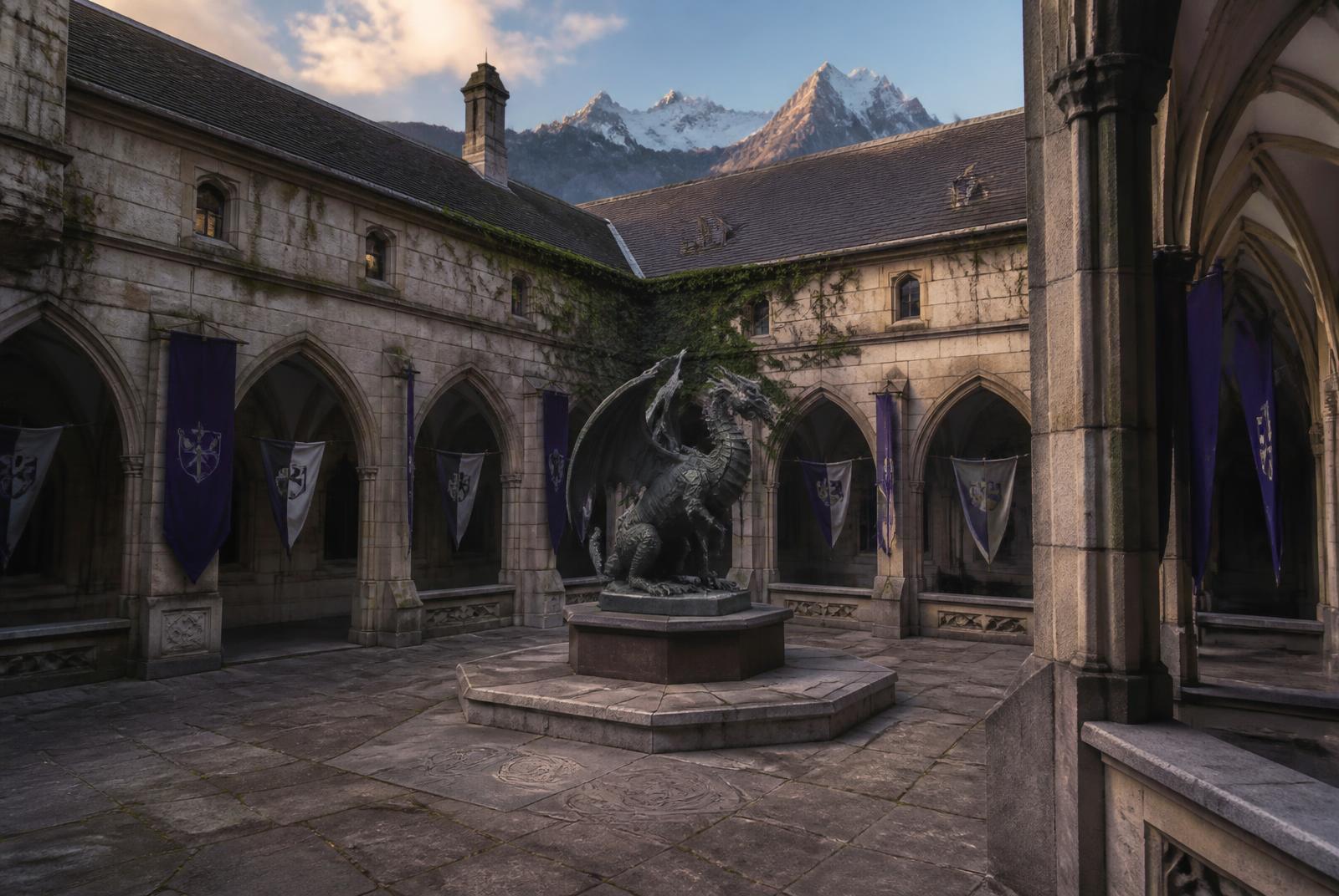 The bronze dragon in the cloister courtyard beneath the Alps